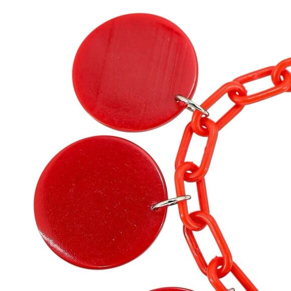 Vintage Chunky Bold Red Galalith Disk Charms Bracelet On Plastic Chain Geo Mod - Picture 4 of 8